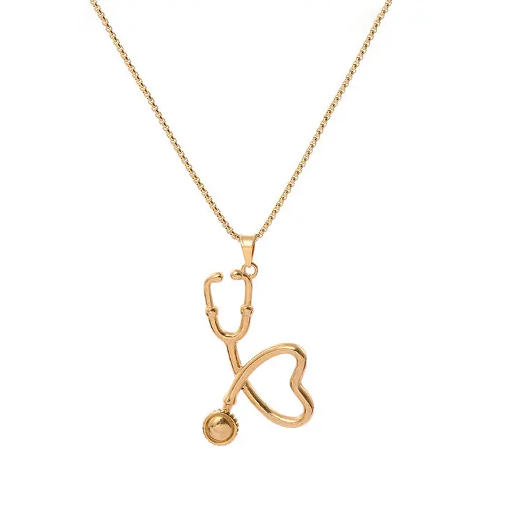 Gold Plated Cutting Stainless Steel Personalized Medical Doctor Gift Stethoscope Shape Pendant Jewelry Necklace