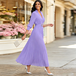 Purple Pleated Maxi <b>Dress</b> V Neck <b>Long</b> Sleeve Belted <b>A</b> Line Woven Casual <b>Dress</b> <b>for</b> Office <b>Party</b> - Product Image 2