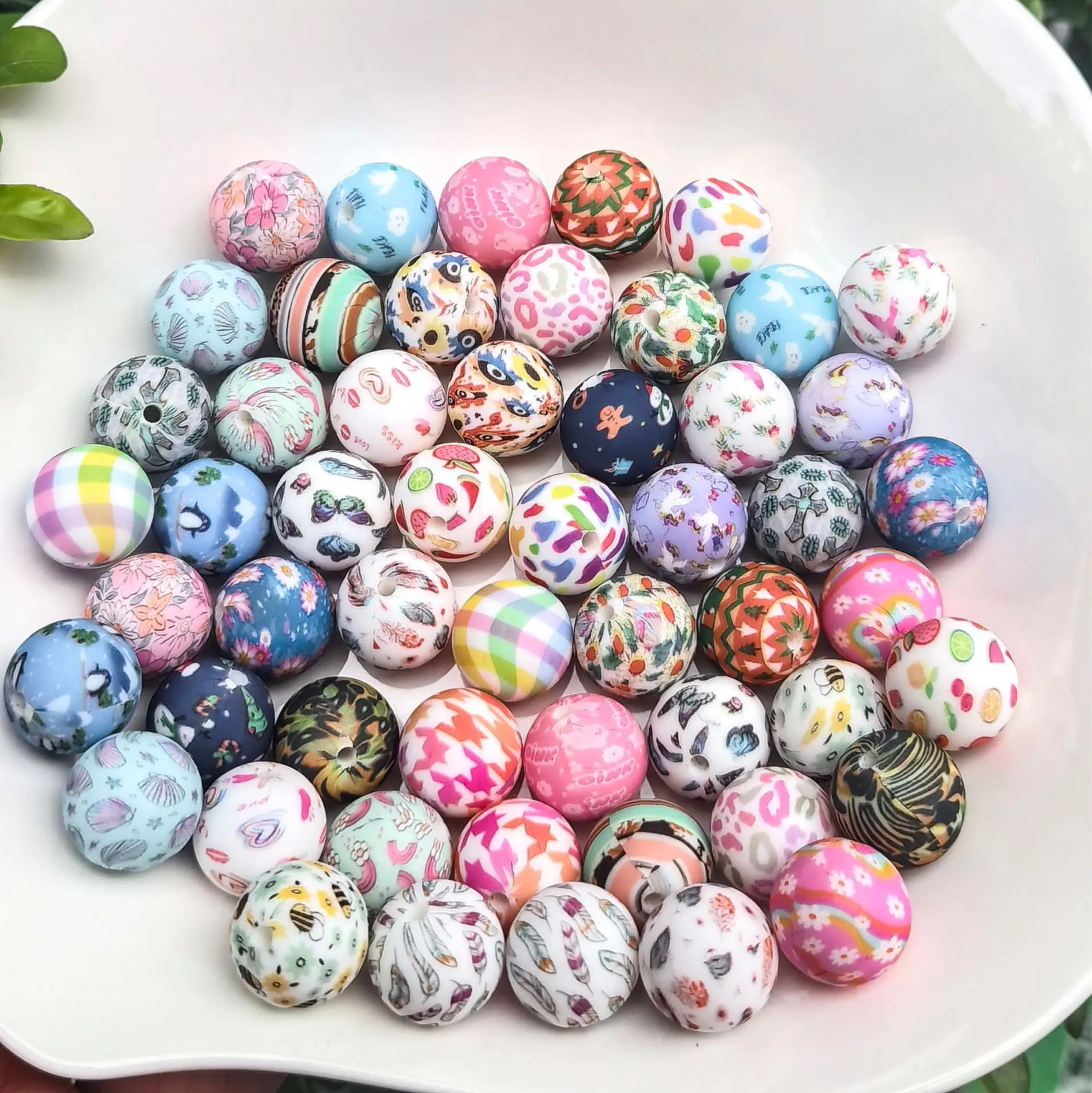 400 colors Food Grade Leopard Print 15mm Silicone Focal Printed Beads Chewable Teething Beads For Pen keychain teether toys