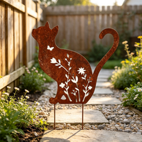 Piquets de jardin vintage en métal rouillé en forme de chat avec découpes florales, sculpture en métal rouillé pour la décoration de jardin et de patio