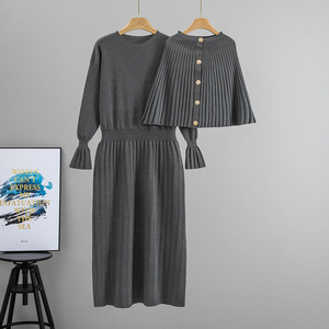Women's Knitted Sweater <b>Dress</b> Set Autumn <b>Long</b> <b>Sleeve</b> Pleated Skirt Two Piece Outfit - Product Image 2