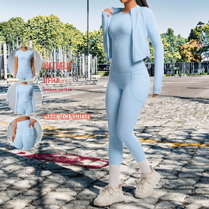 Ensemble de yoga de haute qualité, solide, à séchage rapide, trois pièces, veste cardigan à fermeture éclair à manches longues, gilet, leggings de yoga actifs - Product Image 3