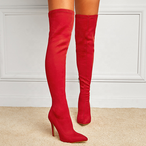Botas elásticas para mujer, botas de tacón alto tipo stiletto, nuevas botas largas por encima de la rodilla con parte superior de tela flocada, color rojo con cremallera, 2021 - Product Image 3