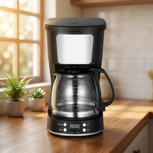 Cafetière à filtre 12 tasses programmable électrique domestique en plastique noir 1200W avec carafe en verre - Product Image 1