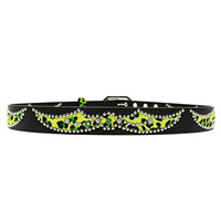 Ceinture unisexe en cuir gaufré crocodile vert foncé avec patch en fourrure de léopard, rivets métalliques et strass, style punk western