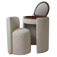 Ensemble de coiffeuse en tissu ivoire avec chaise et miroir rabattable, table de maquillage ronde, station de maquillage pour chambre à coucher