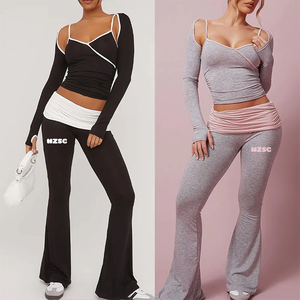 <span class=keywords><strong>Abbigliamento</strong></span> da donna di colore personalizzato con cuciture a contrasto Top <span class=keywords><strong>Bolero</strong></span> maniche pieghevoli pantaloni svasati in vita set Loungewear - Product Image 3