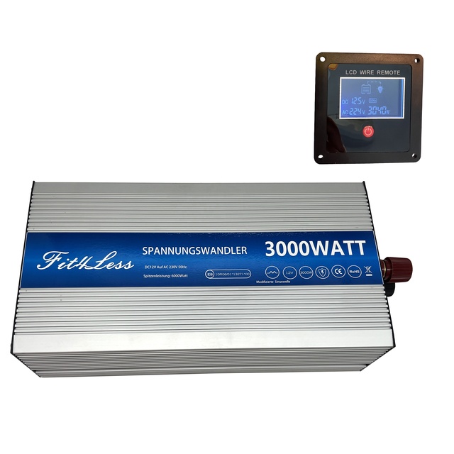 Fit4Less 3000W Modified Sine Wave Inverter DC12 V or 24 V Input to AC 220V 50Hz Output with USB and LCD Remote Display.