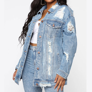 Nuova Giacca di Jeans <span class=keywords><strong>Oversize</strong></span> Strappata da <span class=keywords><strong>Donna</strong></span> in Denim Blu Lavato, Taglie Forti, Vendita Calda - Product Image 2