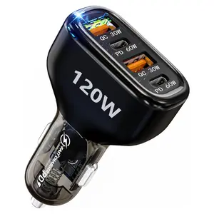 Cargador de coche rápido USB C de 120W, adaptador de cargador de coche de 4 puertos, doble tipo C PD60W/PPS60W Compatible con iPhone15/14