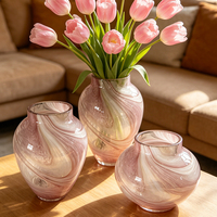 Vase à fleurs en verre soufflé à la main, motif tourbillon rose, vase décoratif rond pour bouquet, centre de table pour salon
