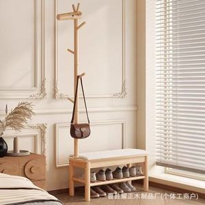 Banc à chaussures et porte-manteau intégrés en forme de cerf en bois massif pour entrée, avec rangement pour chaussures, pour usage domestique. - Product Image 1