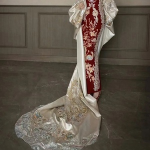 Women's Strapless Chinese Embroidery Wedding Gown - <b>Red</b> Velvet & Satin Train Evening Dresses Fashion - Product Image 4