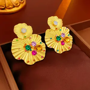 DUYIZHAO Elegant Vintage Jewelry Earrings Colorful Crystal Geometric Fan Plicated Flower Gold Earrings For Women Gift