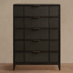 Meubles de chambre à coucher, commodes antiques faites à la main en <span class=keywords><strong>bois</strong></span> massif avec cinq tiroirs en rotin - Product Image 1