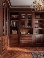 Dressing sur mesure classique américain en bois massif, armoire traditionnelle sculptée avec porte vitrée et éclairage LED pour projets de villas et de manoirs