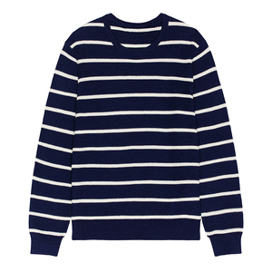 Pull en maille rayé bleu marine et blanc pour homme avec logo personnalisé - Col rond, manches longues, pull décontracté - Product Image 1