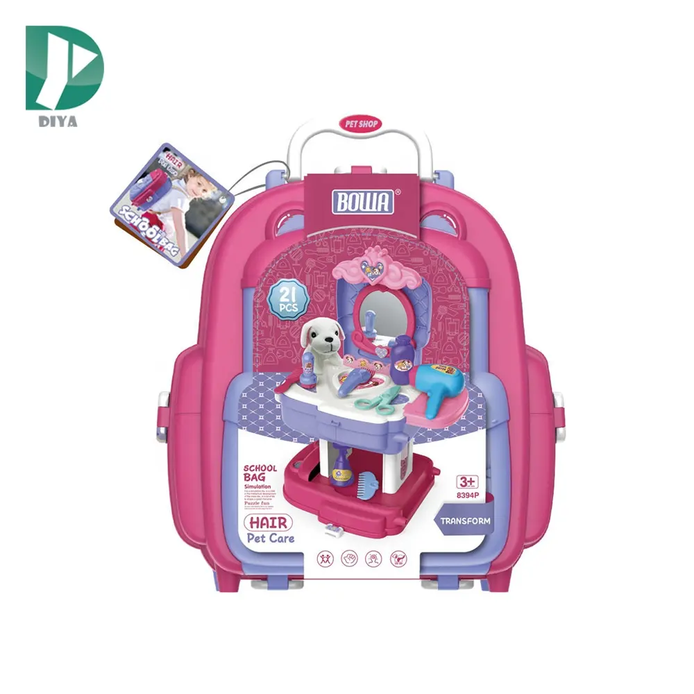 21個ピンクスクールバッグペットケアおもちゃ犬のプレイハウス2in1ふりプレイハウスおもちゃ