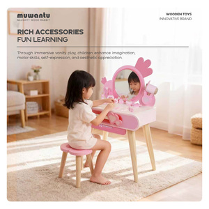 MUWANTU - Tocador de Maquillaje de Madera Rosa para Niñas, Juguete de Disfraces, Juguete Educativo Preescolar de Cosméticos de Madera - Product Image 3