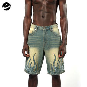 許昌オリジナルカスタムデニムジーンズショーツストリートウェアメンズ100％コットンバギーラインストーンクリスタルアシッドウォッシュジョーツメンズ - Product Image 1