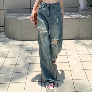 Frühling American Retro Style Street Fashion Vielseitige Loose Long Distressed Denim Jeans für Frauen