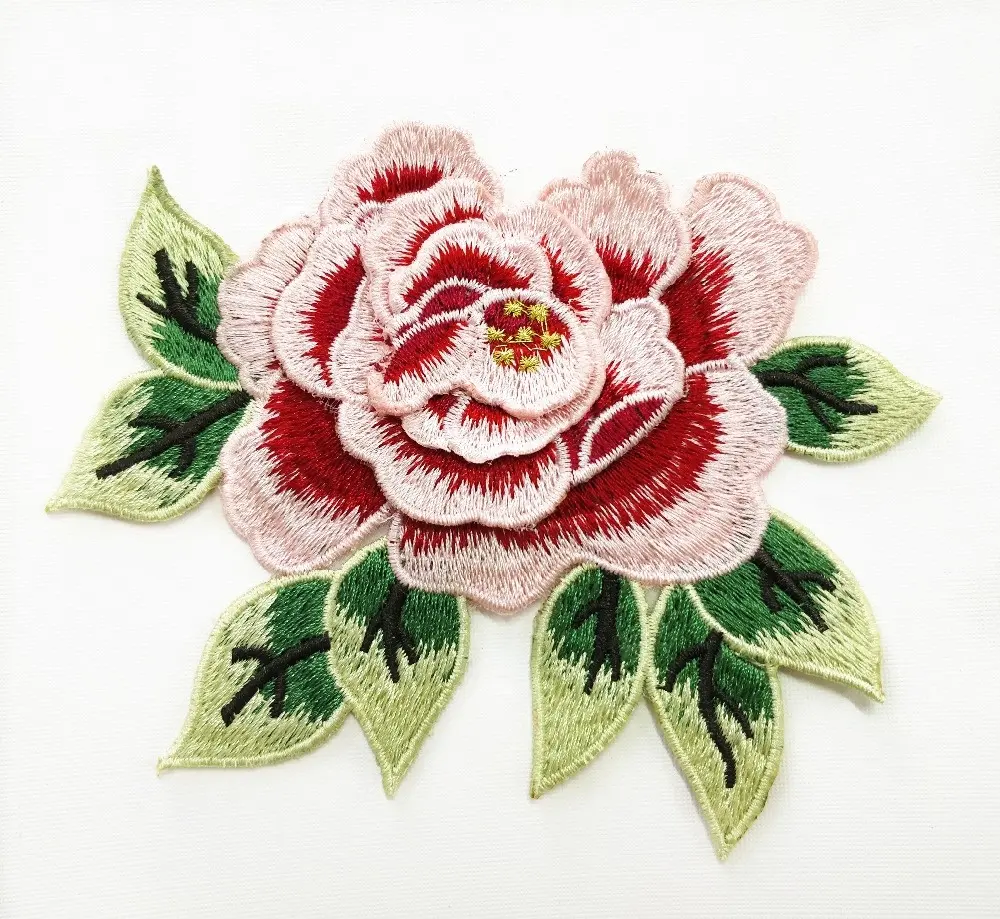 Borduurwerk Bloem Rose Patches Groothandel Nieuwe Ontwerp China Geborduurd Aangepaste Kleur, op Most9 Kleuren Iron-On T/T & Paypal Opp Zak