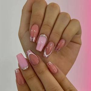 Prix de gros, <span class=keywords><strong>faux</strong></span> <span class=keywords><strong>ongles</strong></span> en diamant de style français luxueux, paillettes d'amande, à presser, avec <span class=keywords><strong>colle</strong></span>, 24 pièces pour salon, bricolage à domicile, fête - Product Image 2