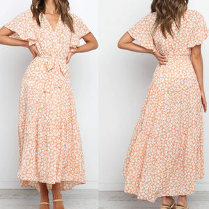 Fladderende Mouw A-Lijn Ruche Zoom Midi Jurk Koraalroze Feestjurken Gebloemde Knoop Wikkeljurk - Product Image 6