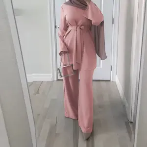 2 조각 두바이 Abaya 터키어 Hijab 이슬람 드레스 여성 Kaftan 이슬람 Grote Maten 숙녀 의류 앙상블 Femme Musulmane 이슬람