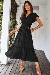 Vestido Maxi Bohemio Floral de Verano para Mujer, Manga Corta, Cuello en V Cruzado, con Volantes, Largo y Fluido, para Playa o Boda - Product Image 5