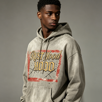 Sweat à capuche oversize avec cordon de serrage, impression DTG Kornit, motif carré rouge craquelé, lettres cursives épaisses, double impression de lettres, multi-déchiré, poche kangourou