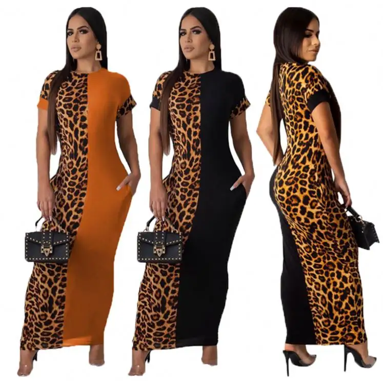 9s02718 vestido moda curto de manga longa, moda feminina de retalho com estampa de leopardo, casual, maxi vestidos para mulheres