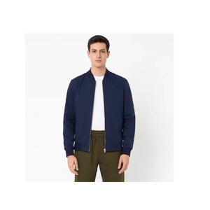 Classic Navy Blue Minimal Zip Bomber <b>Jacket</b> <b>for</b> <b>Men</b> Lightweight <b>Smart</b> Casual Everyday Essential Smooth Stretch Comfort - Product Image 1