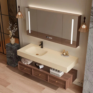 Walnut Wood Grain Bathroom Cabinet Smart <b>Mirror</b> Cabinet LED Monochrome Light Strip Hanging Sink Cabinet Body - Product Image 1