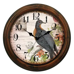 Jam dinding antik kayu elegan kustom gambar burung pemandangan alam