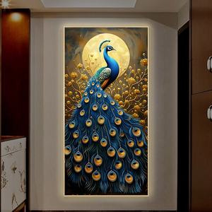 Peinture décorative d'entrée Paon, Art mural de fond de couloir, Paysage animalier avec lampe, Peinture en porcelaine de cristal personnalisée - Product Image 6