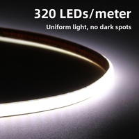 Bande LED COB 4 mm, 320 LED, 5 V/12 V, couleur unique, CRI 90, 4000 K à 6500 K, bleu glace, pour éclairage d'ambiance à la maison, au bureau ou dans une salle d'étude