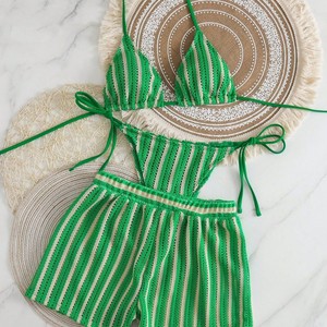 Conjunto de Traje de Baño de Tres Piezas a Cuadros de Ganchillo para Mujer, Ajuste Regular, Spandex/Algodón, Bikini Cruzado con Cuello Halter, Ropa de Playa para Natación - Product Image 4