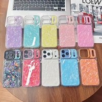 Coque de protection antichoc unie à texture de coquille de perle avec grande fenêtre pour iPhone 14 15 16 17 Pro Max