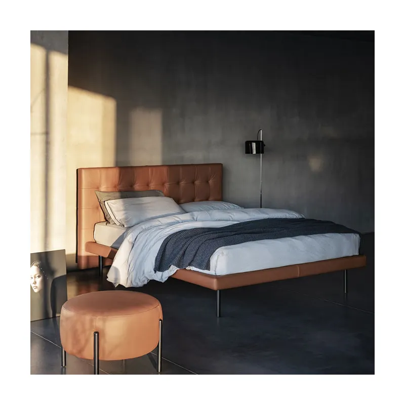 ベッドルーム用薄型本革ダブルサイズ布張りベッド