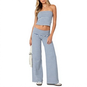Conjunto de Dos Piezas a Rayas, Pantalones Acampanados de Cintura Alta, Top Corto, Cintura Elástica, Atuendo Casual para Mujer, Poliéster Transpirable, Primavera/Verano - Product Image 1