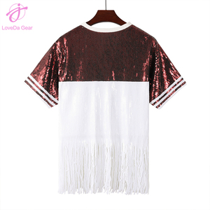 Loveda Factory Custom da donna estiva morbida di alta qualità Casual t-shirt traspirante moda frangia paillettes t-shirt - Product Image 2
