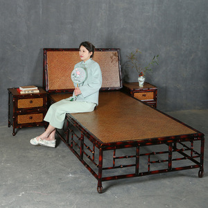 Chinese Style Bamboo <b>Bed</b> Set With <b>Storage</b> Bedroom Furniture Antique Design <b>Double</b> Size - Product Image 2