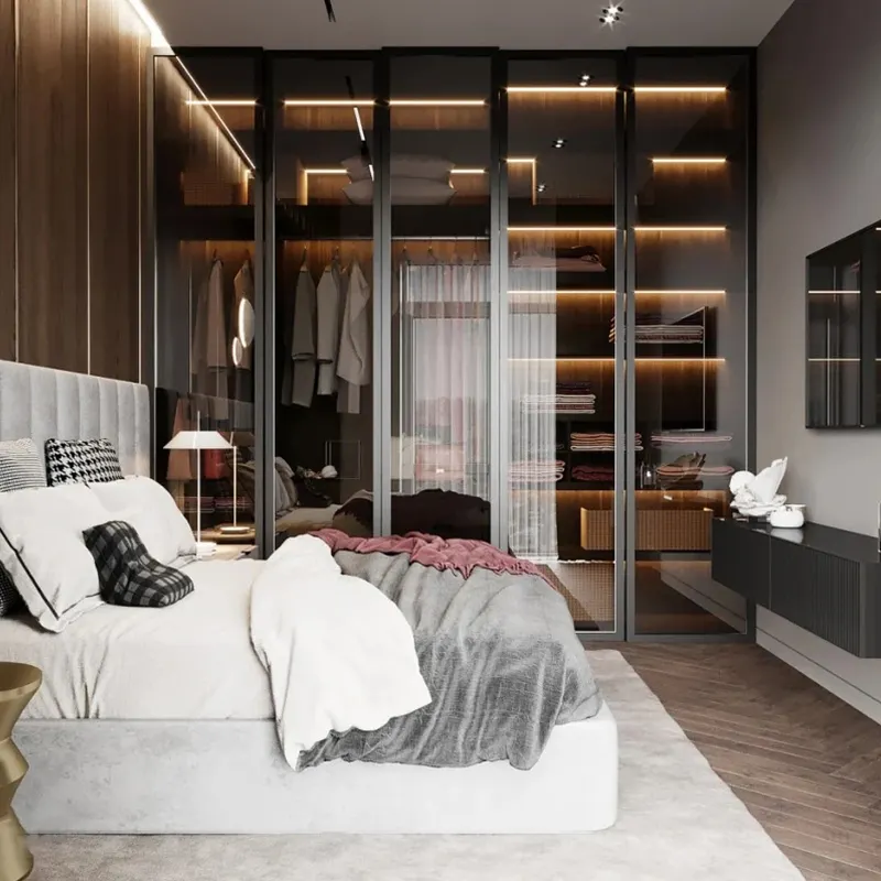 2021 Foshan Kast Fabrikanten Luxe Moderne Walk In Closet Met Spiegel Glazen Deuren