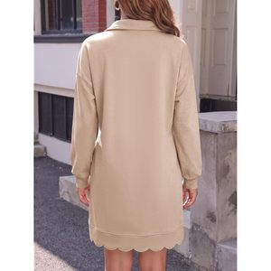 Vestido Camisero para Mujer, Manga Larga, Cuello en V, Dobladillo Festoneado, Bolsillos, Botones, Estilo Polo, Ligero, Casual, Tejido Sólido, 100% Algodón - Product Image 3