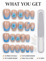 Vente en gros de faux ongles 3D à motifs floraux, bleus, à bout français, courts, carrés, avec centre doré, pour femmes, manucure