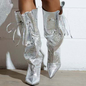 Botas Plateadas Anchas y Holgadas para Mujer, Botas Altas hasta la Rodilla con Punta Puntiaguda, Zapatos de Tacón Alto con Cordones Laterales - Product Image 2
