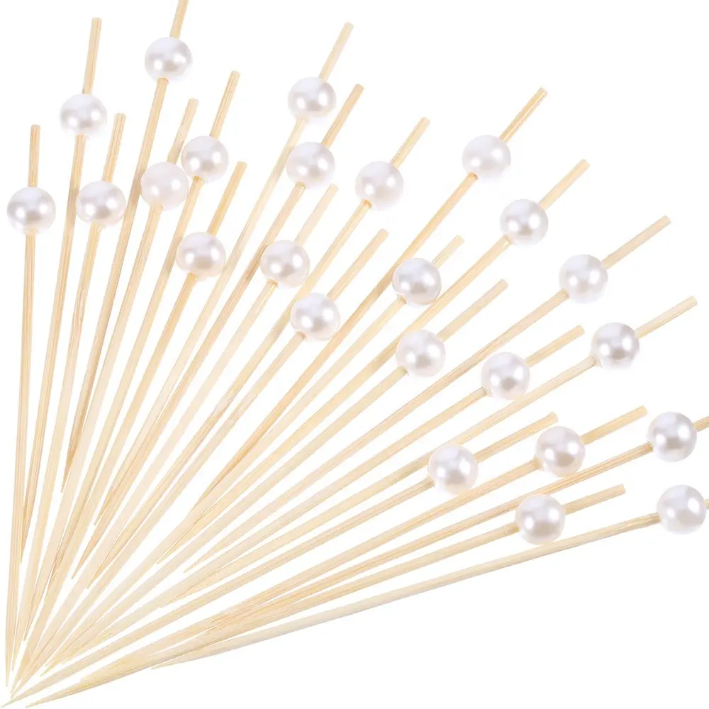 Brochetas acrílicas de decoración de perlas blancas, palillo de bambú para sándwich, selección de cóctel