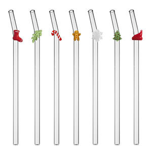 Pajitas de Vidrio Reutilizables para Navidad, Ecológicas, Resistentes al Calor, Diseño Creativo, Puntas Adhesivas, Formas de Hombre de Jengibre y Árbol - Product Image 2