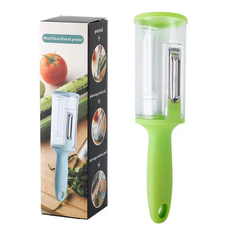 Gadget de cocina multifuncional almacenamiento vegetal plástico Acero inoxidable manzana fruta Palma pelador con contenedor